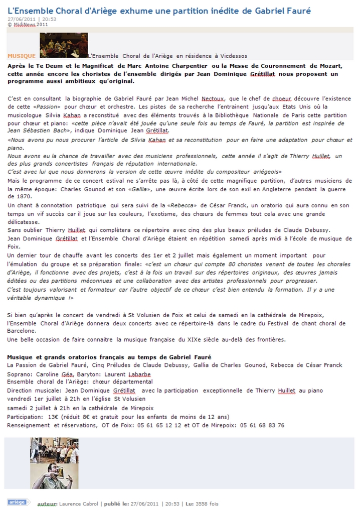 Concert Oratorios Gabriel Faure - article de AriegeNews.