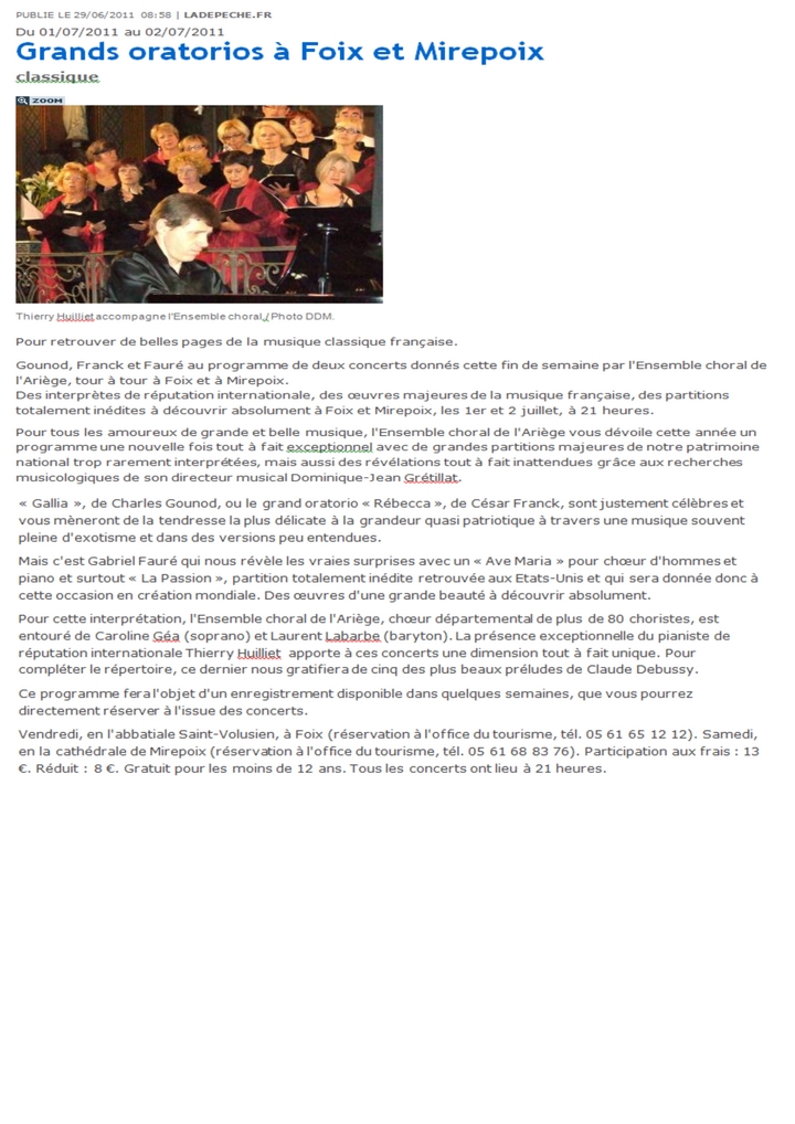 Concert Oratorios Gabriel Faure - article de la Dépêche.