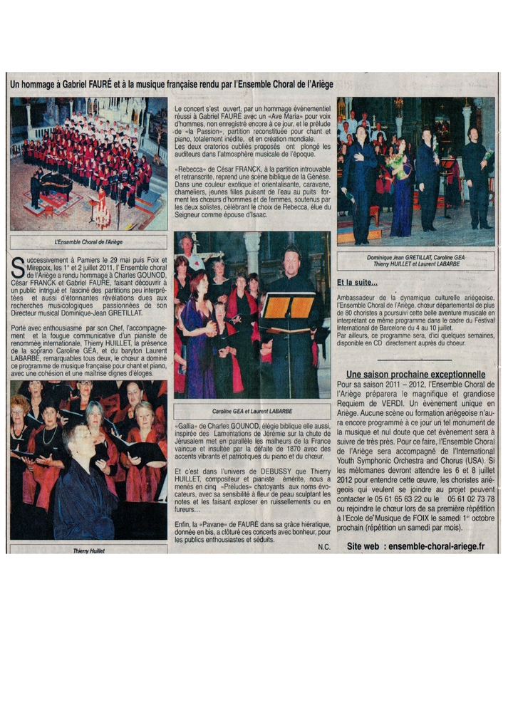 Concert Oratorios Gabriel Faure - article de la Dépêche.