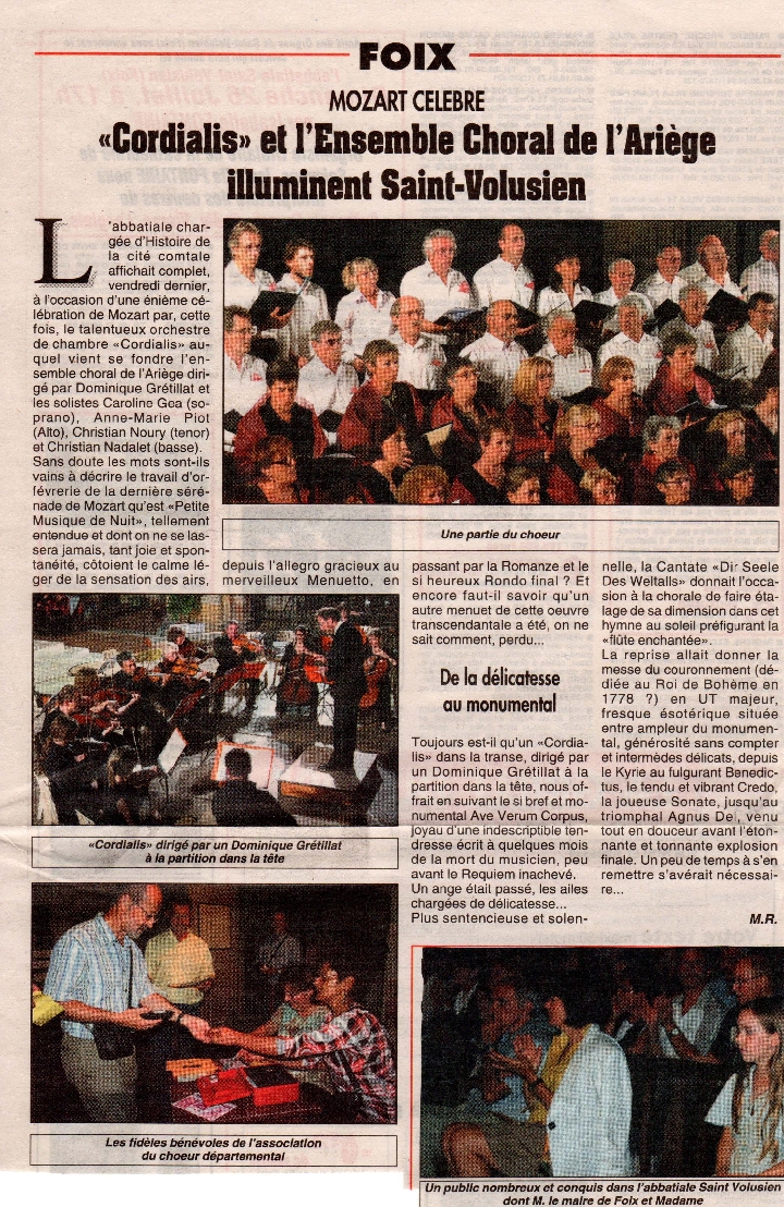 Concert Mozart - article de la Dépêche.